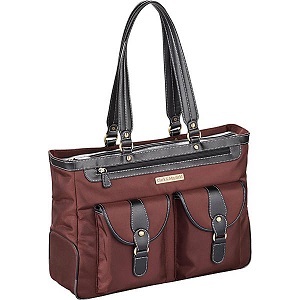 Best laptop bags for ladies. The Clark and Mayfield Marquam 18.4 inch laptop tote has protective metal feet and a strap on its back that allow attachment to upright luggage.